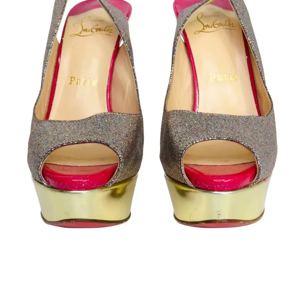 Christian Louboutin Lady Peep Slingback Glitter Pumps Platine Gold Pink Red 36.5